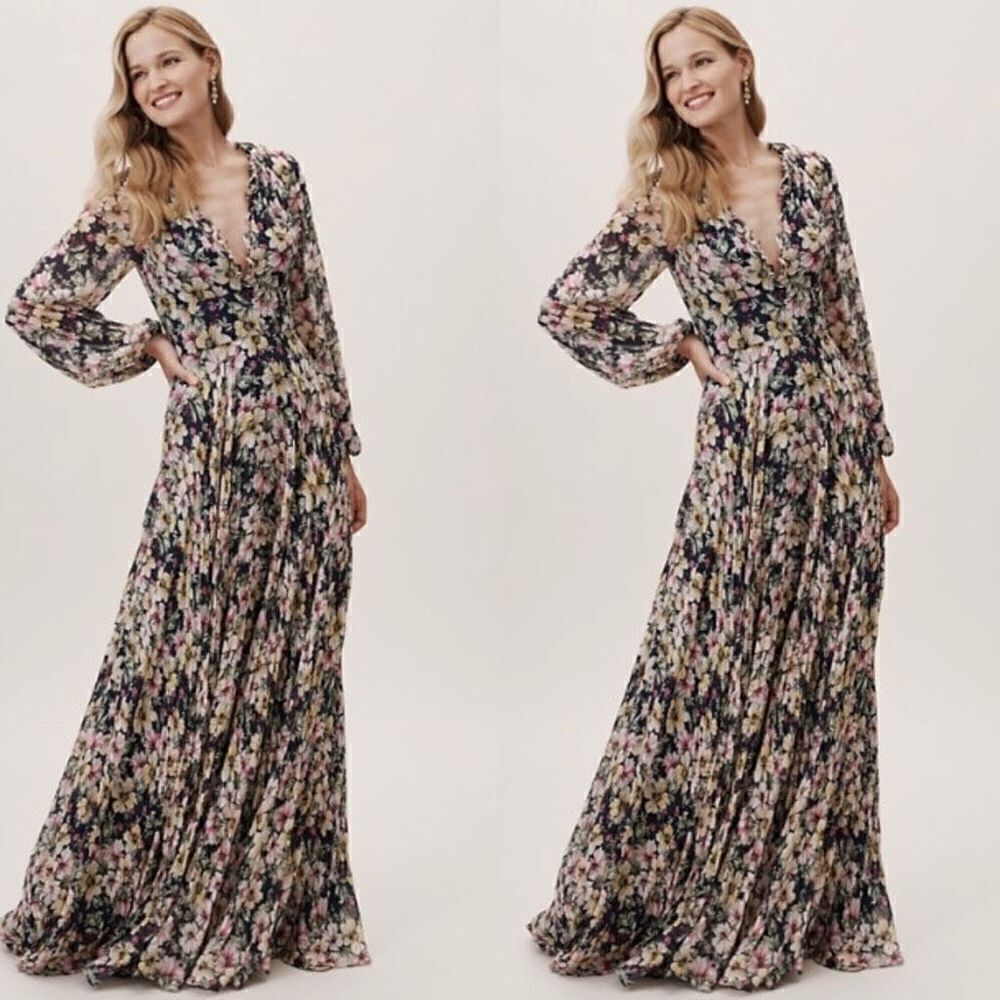 Monique Lhuillier Floral V-Neck Long Sleeve Maxi Dress Boho Peasant Women Size 2